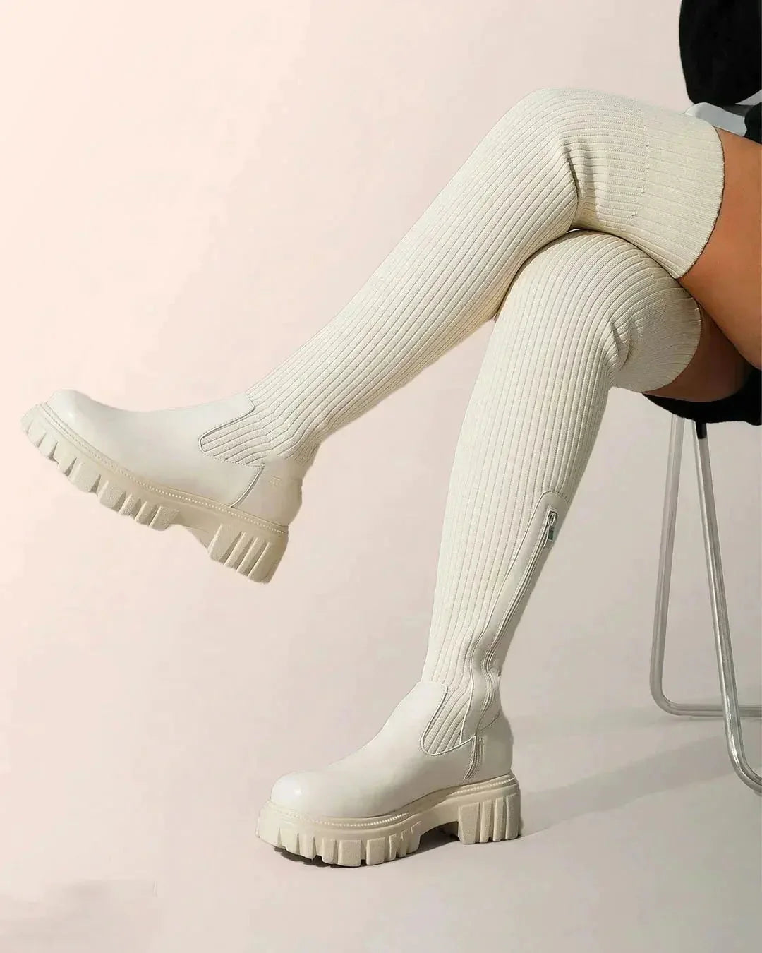 Knee-High Boots Ribbed Stretch Knit Comfortable Fit