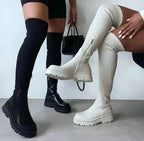 Knee-High Boots Ribbed Stretch Knit Comfortable Fit