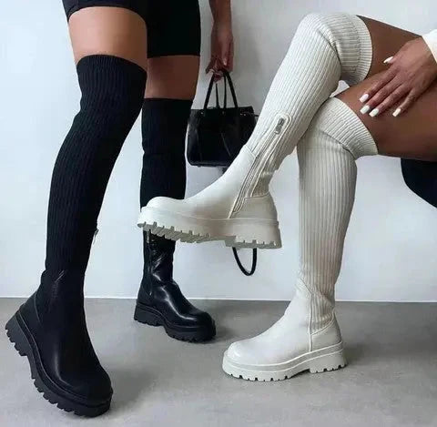Knee-High Boots Ribbed Stretch Knit Comfortable Fit