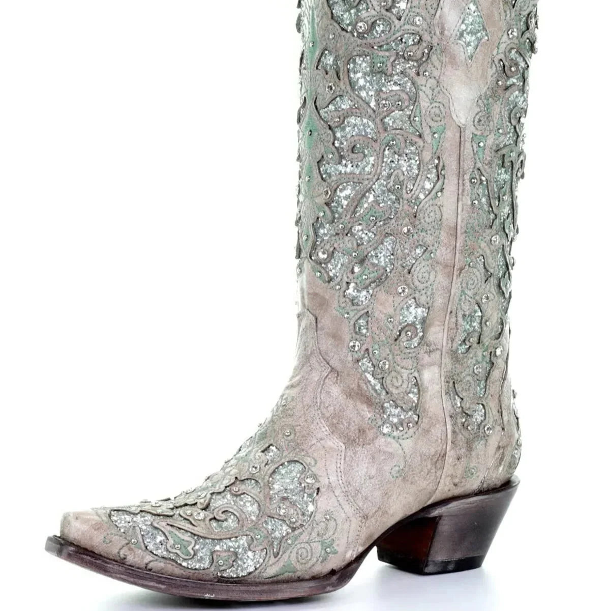 Knee-High Boots Sequined Embroidered Pointed Toe & Thick Heel