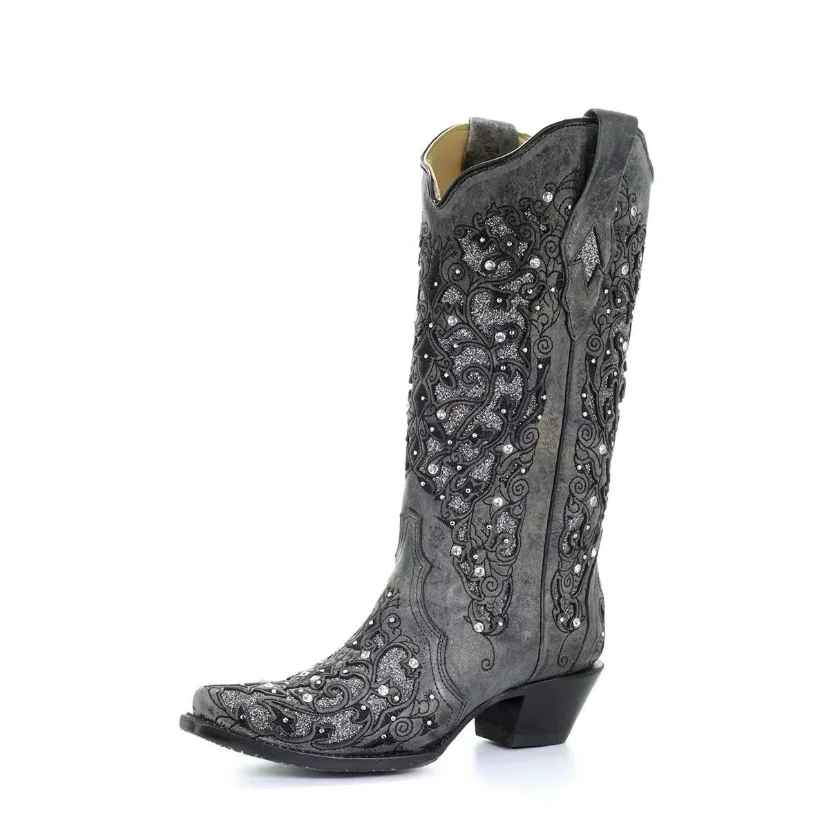 Knee-High Boots Sequined Embroidered Pointed Toe & Thick Heel
