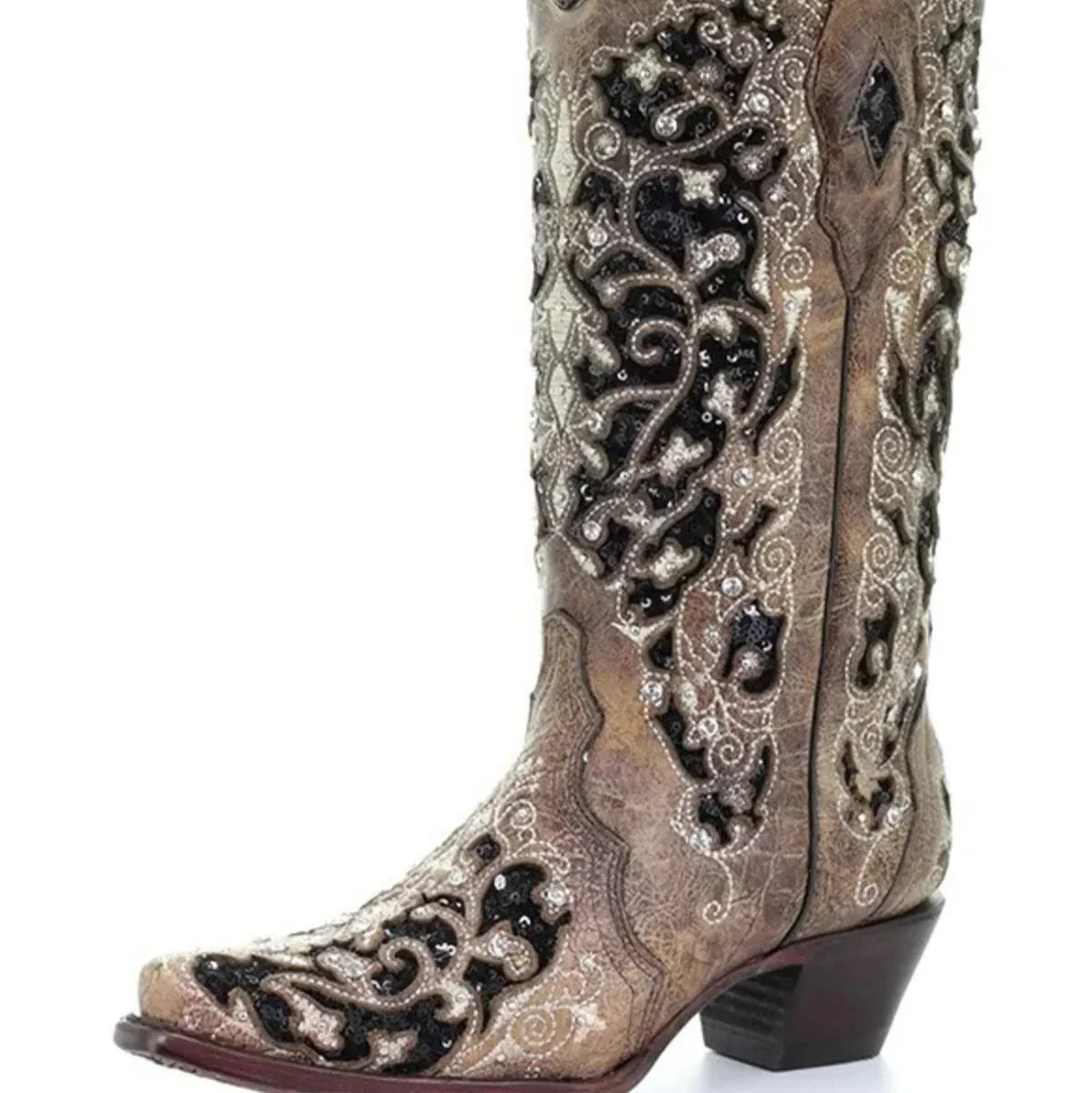 Knee-High Boots Sequined Embroidered Pointed Toe & Thick Heel