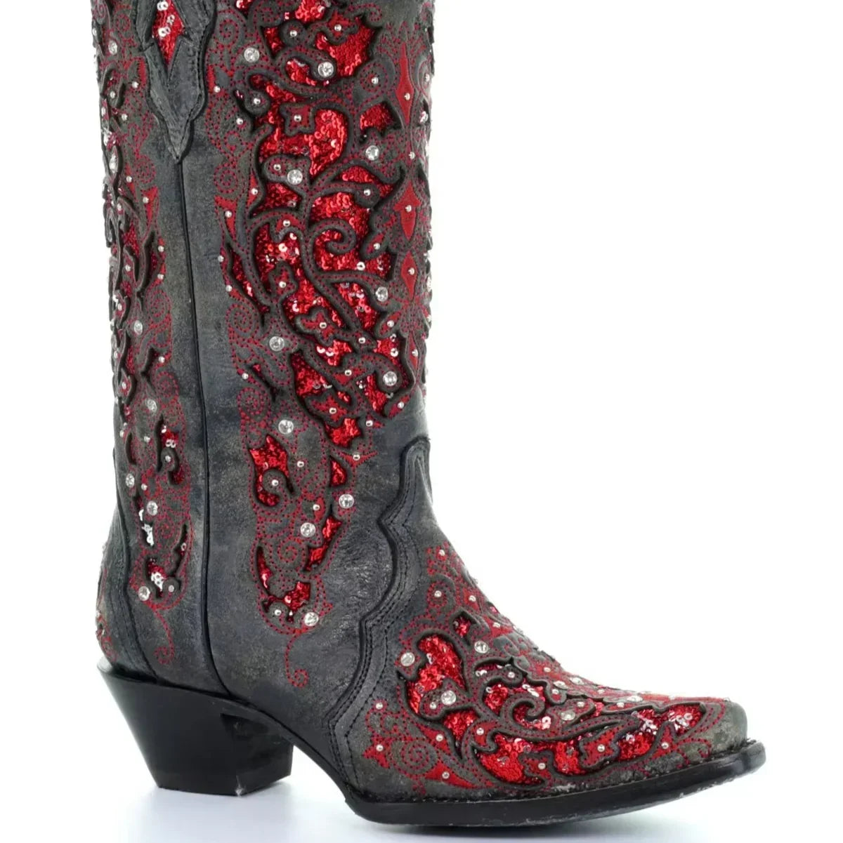 Knee-High Boots Sequined Embroidered Pointed Toe & Thick Heel