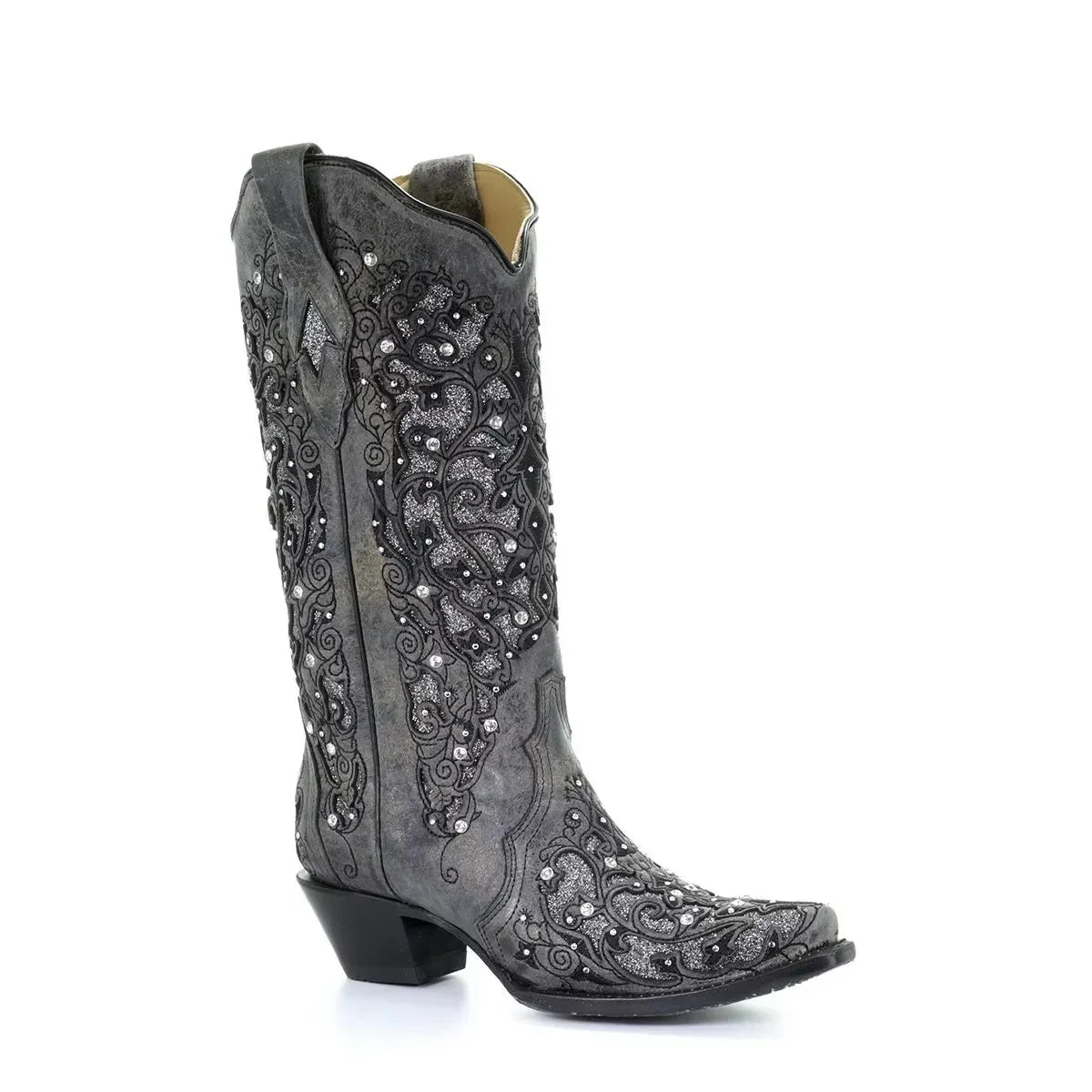 Knee-High Boots Sequined Embroidered Pointed Toe & Thick Heel