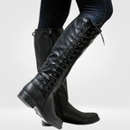 Knee-High Combat Boots Leather Cushioned Insole Low Block Heel