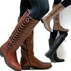 Knee-High Combat Boots Leather Cushioned Insole Low Block Heel