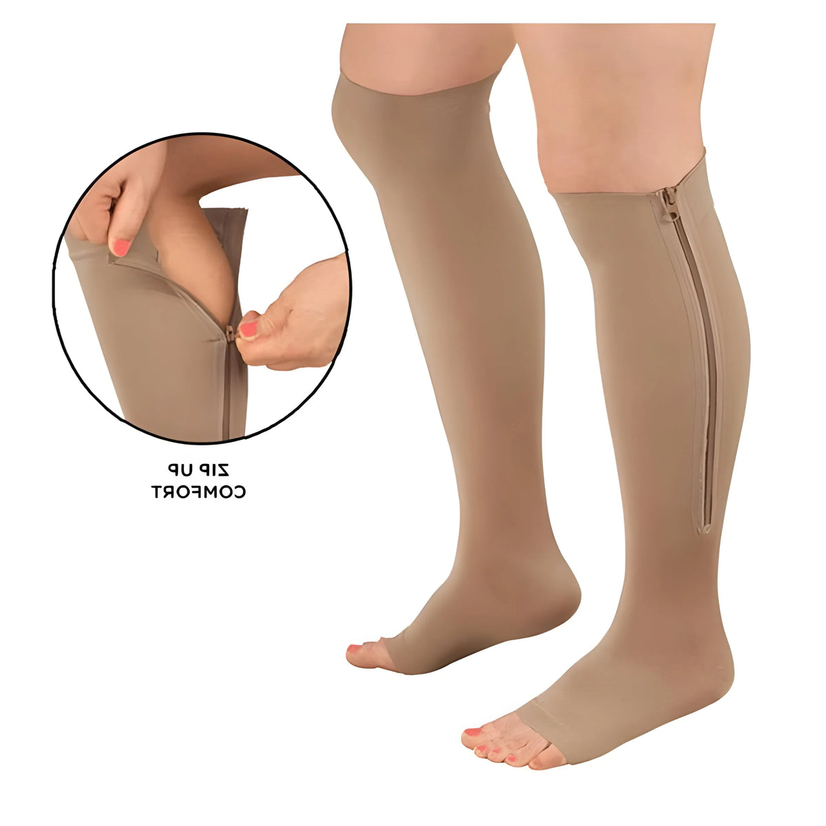 Knee High Compression Socks Side Zipper & Open Toe