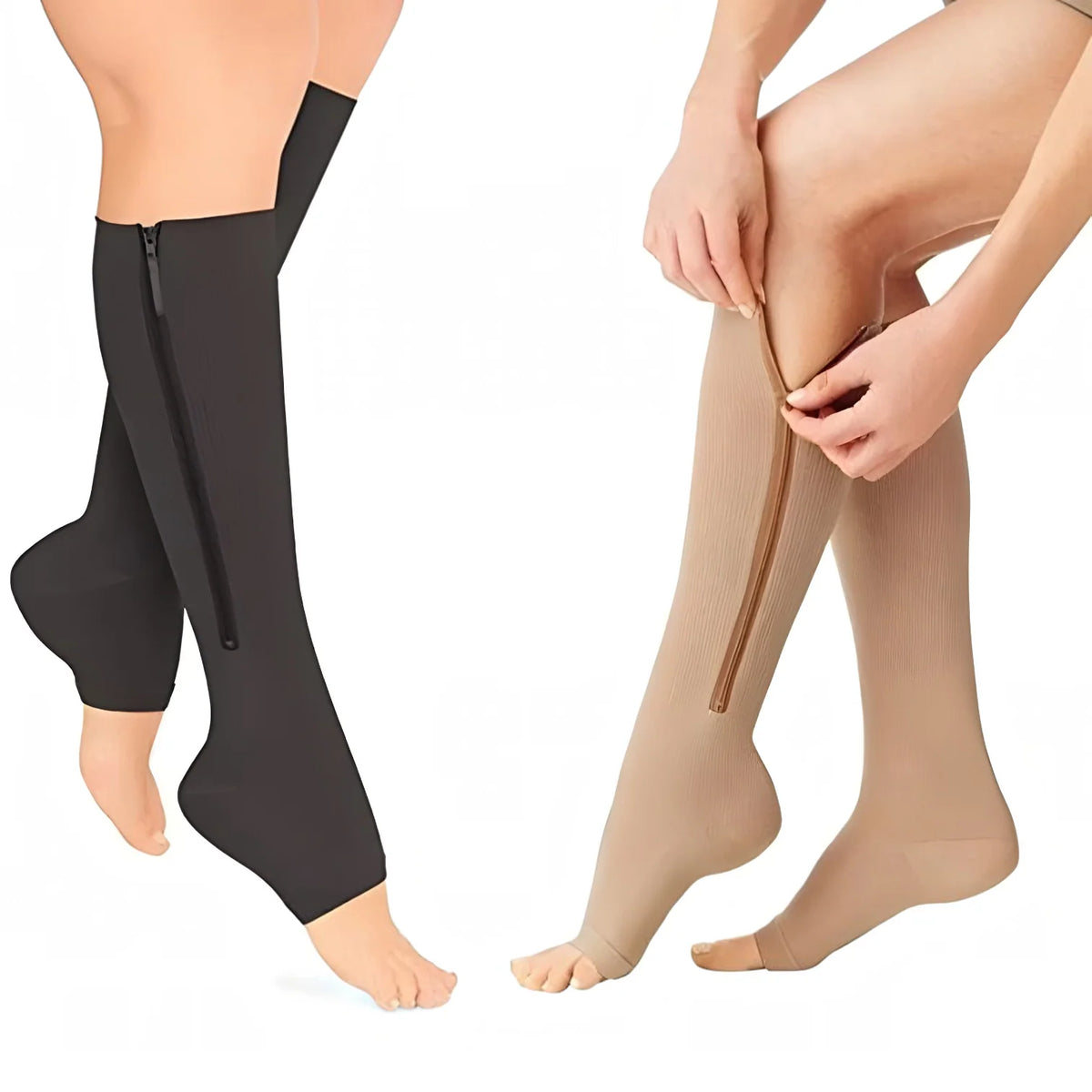 Knee High Compression Socks Side Zipper & Open Toe