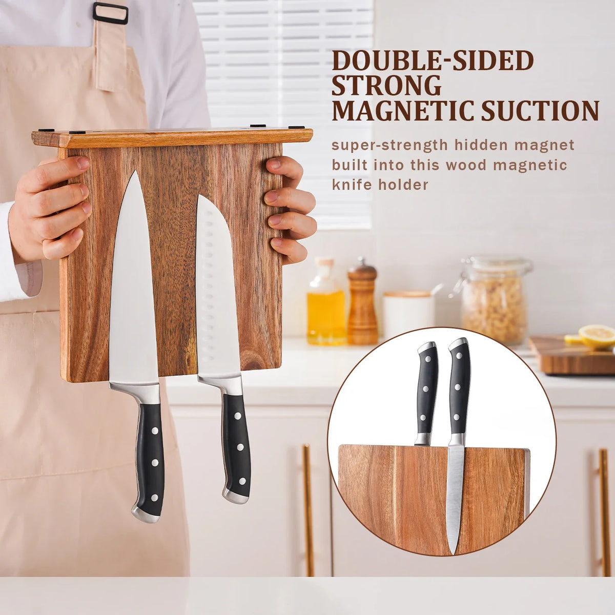 Knife Holder Solid Acacia Wood & Strong Magnets