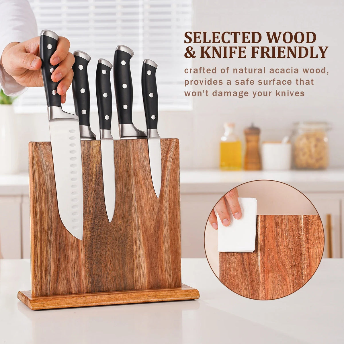 Knife Holder Solid Acacia Wood & Strong Magnets