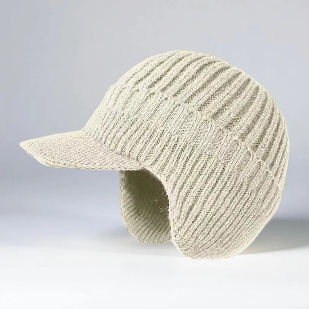 Knit Beanie Visor Brim & Ear Flaps Secure Fit
