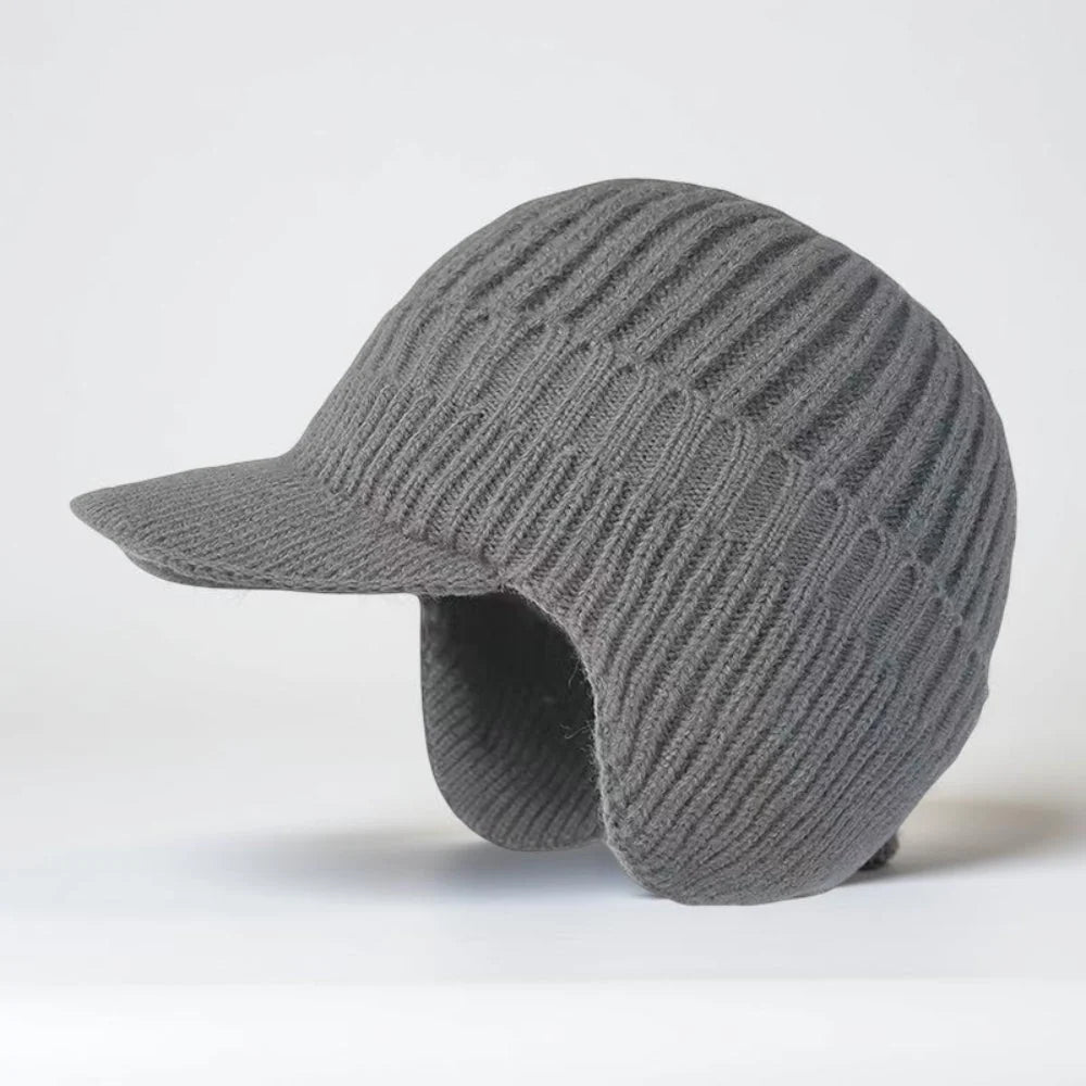 Knit Beanie Visor Brim & Ear Flaps Secure Fit