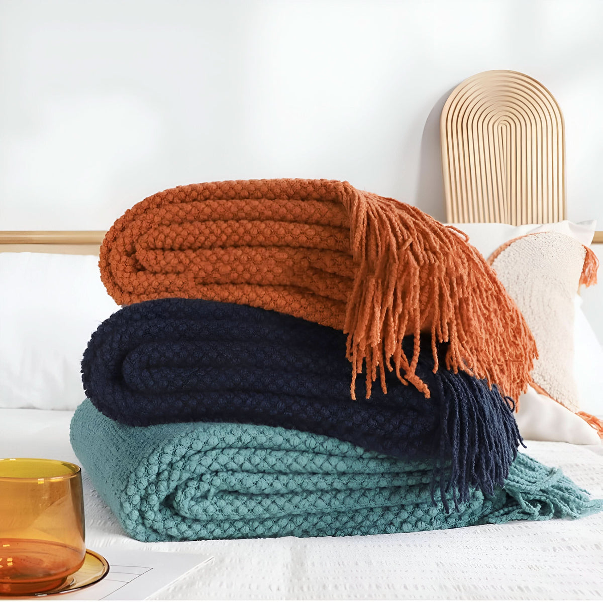 Knit Fleece Blanket Chunky Knit Plush Lined Machine Washable