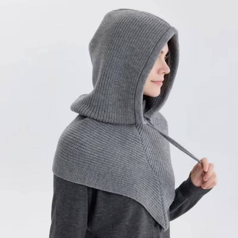 Knit Hooded Scarf Drawstring Wind Blocking