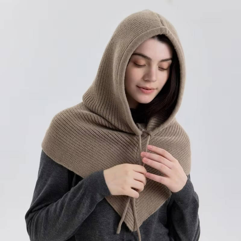 Knit Hooded Scarf Drawstring Wind Blocking
