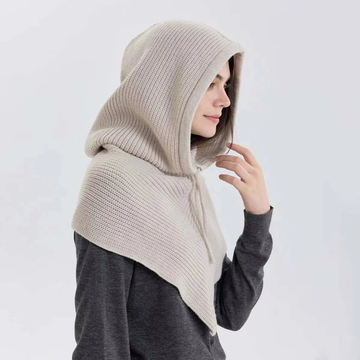 Knit Hooded Scarf Drawstring Wind Blocking