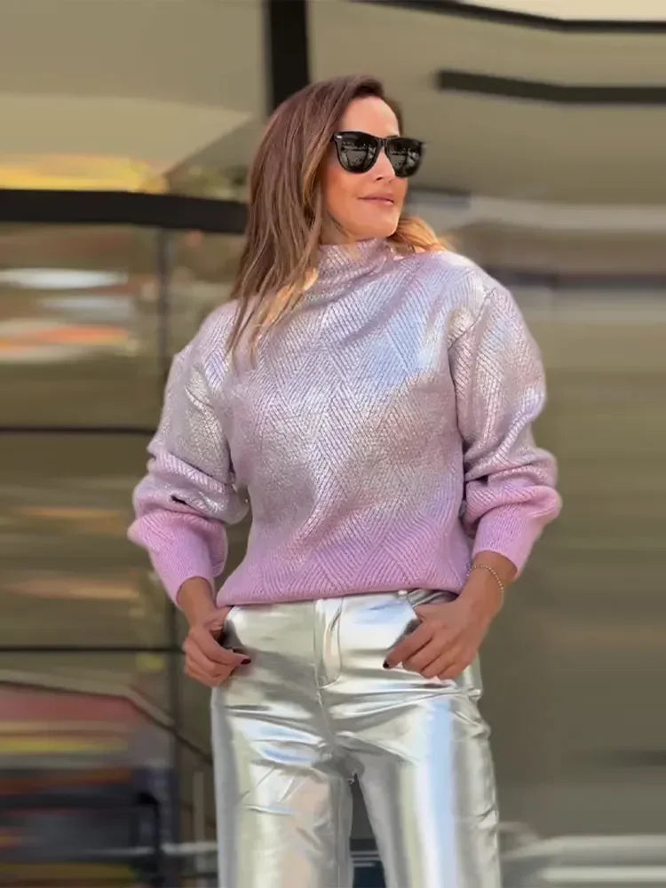 Knit Sweater Gradient High Collar & Long Sleeves