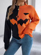 Knit Sweater Jack O Lantern Motif Midi Length