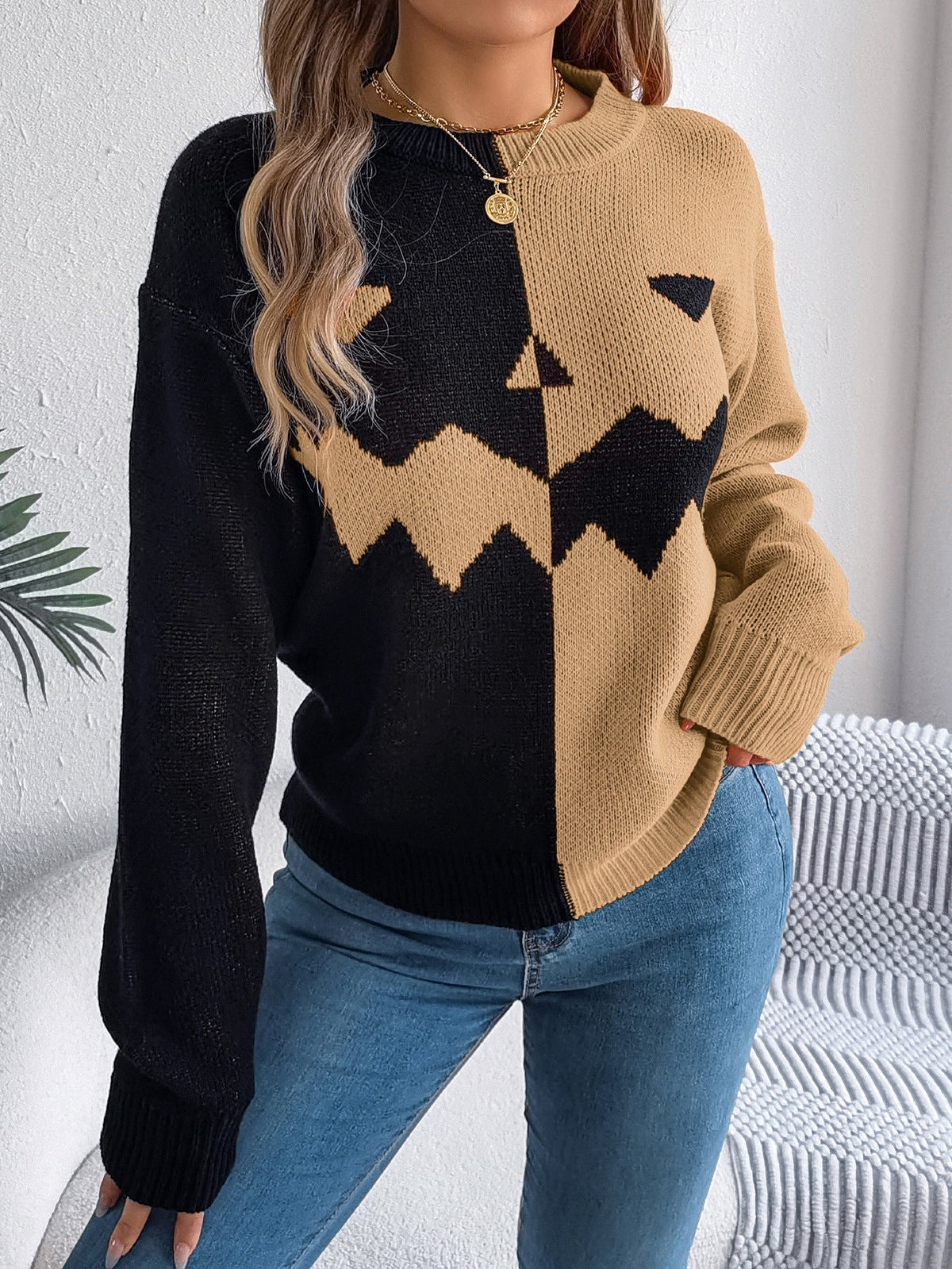 Knit Sweater Jack O Lantern Motif Midi Length