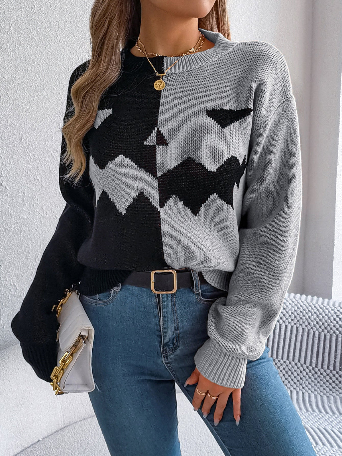 Knit Sweater Jack O Lantern Motif Midi Length