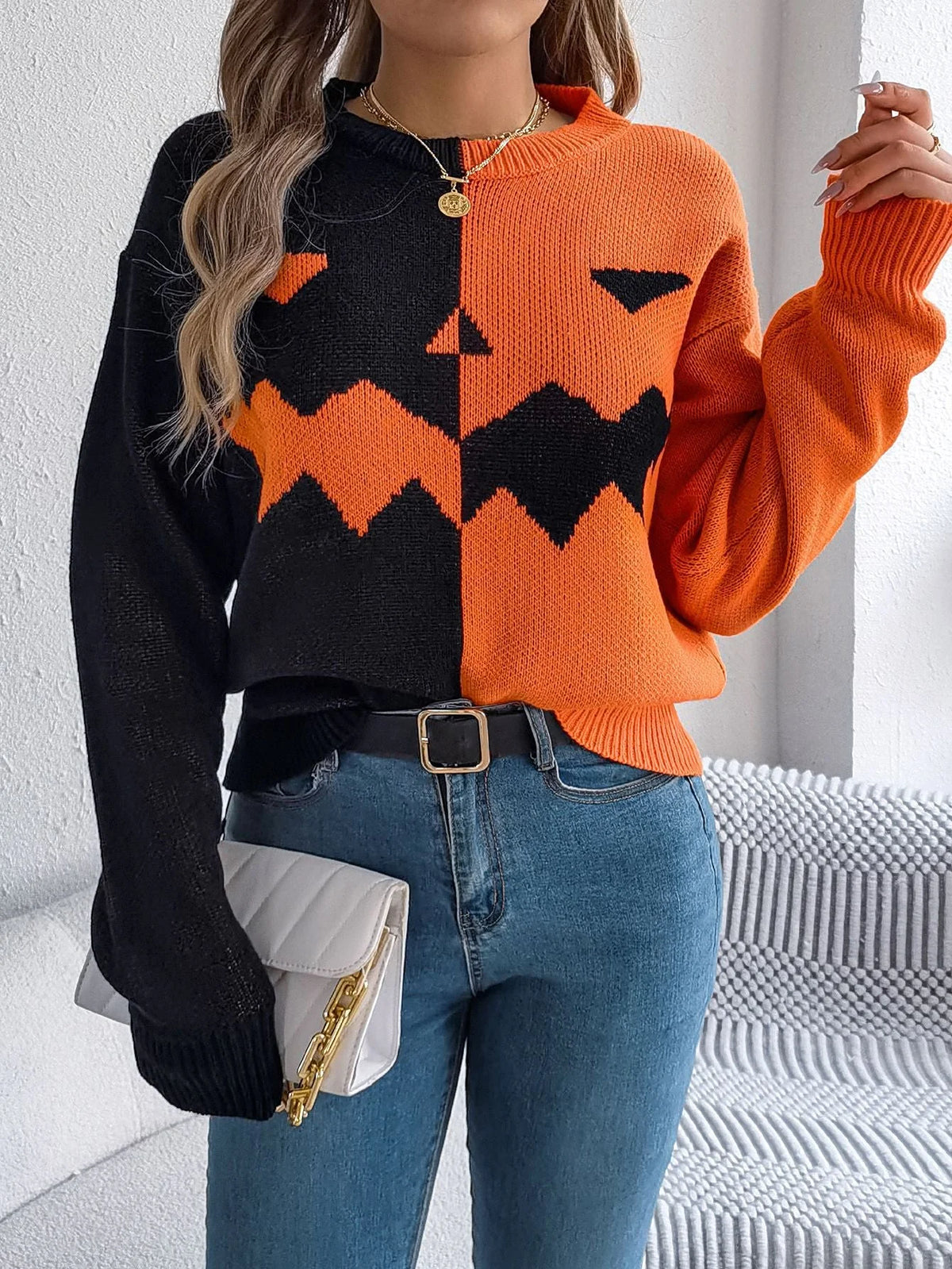 Knit Sweater Jack O Lantern Motif Midi Length