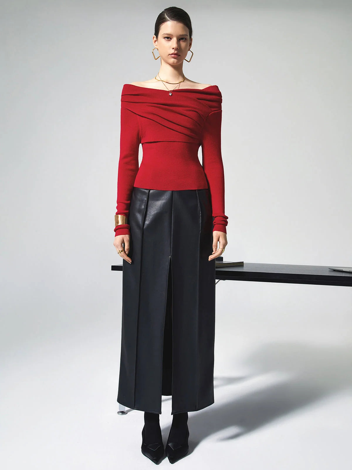 Knit Top Off-Shoulder Wrap Slim Fit & Slight Stretch