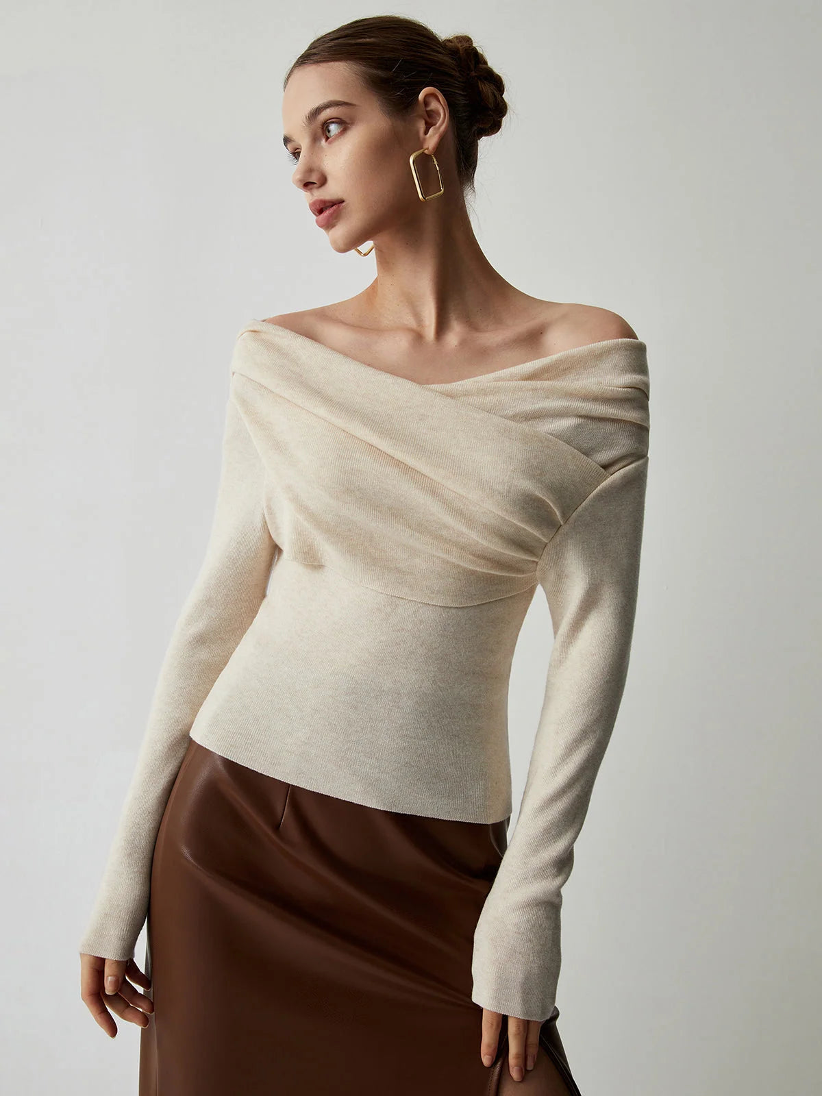 Knit Top Off-Shoulder Wrap Slim Fit & Slight Stretch