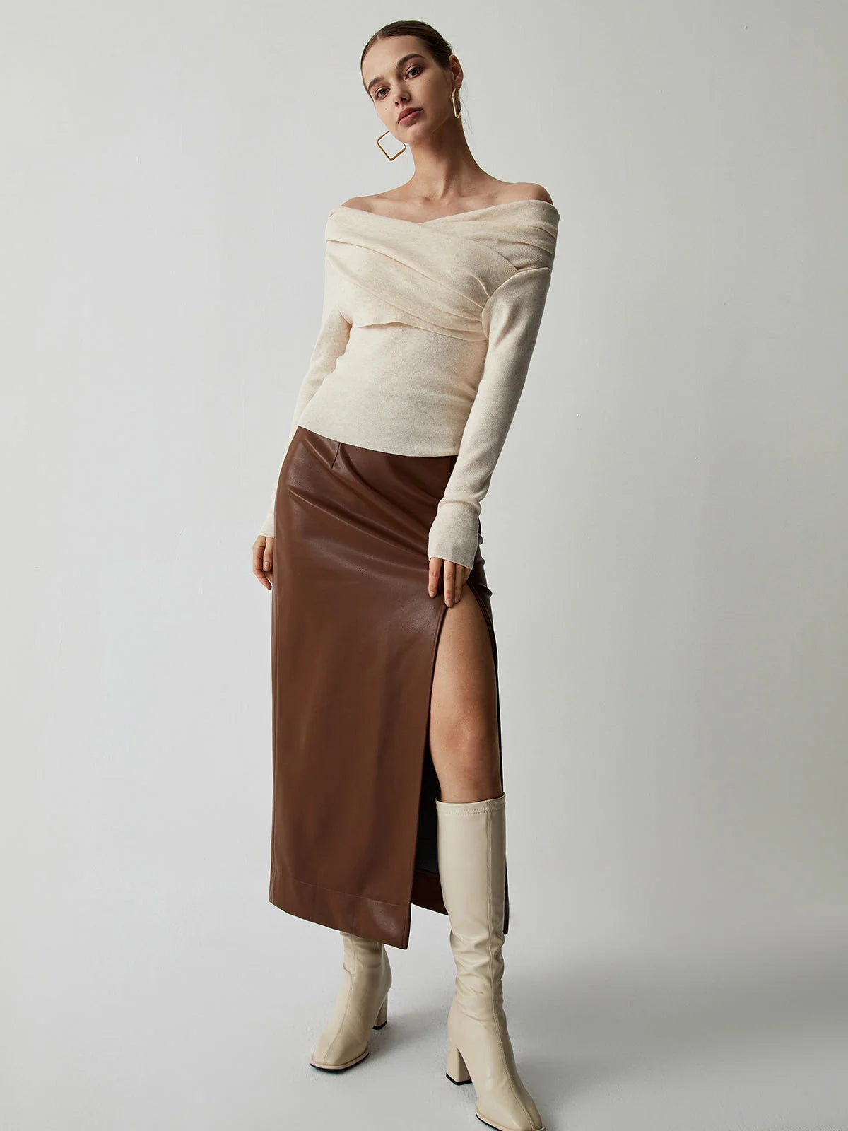Knit Top Off-Shoulder Wrap Slim Fit & Slight Stretch