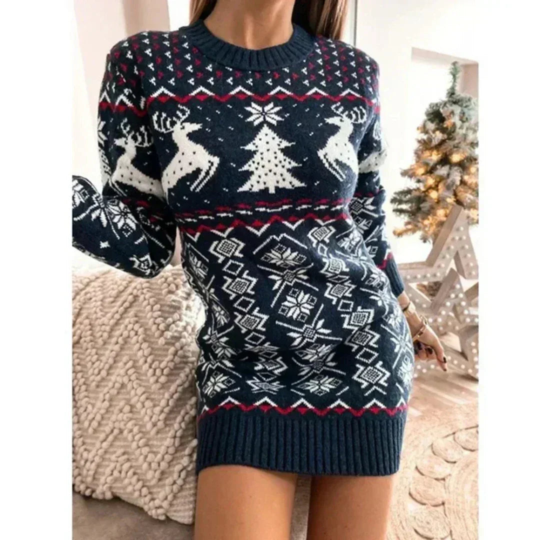 Knitted Dress Reindeer Print Long Sleeves