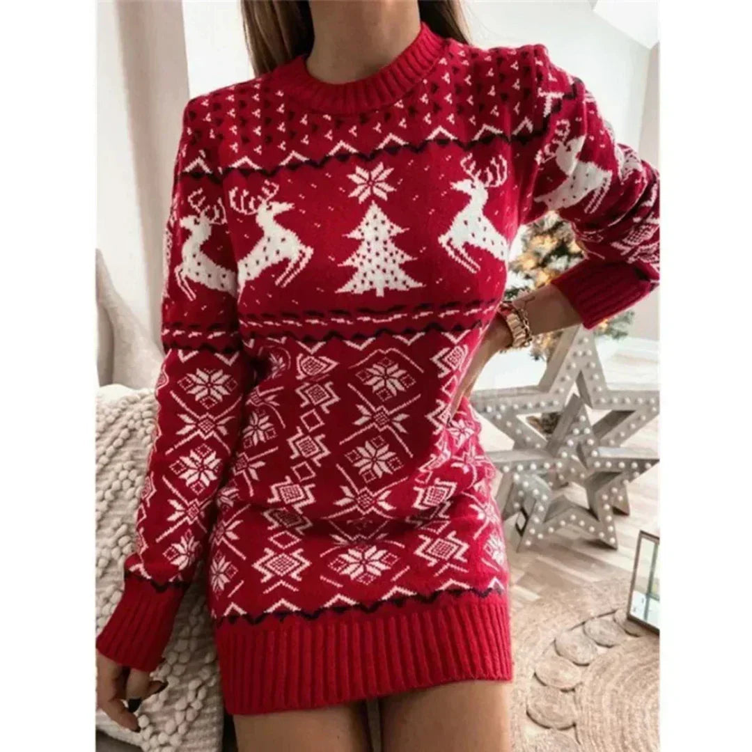 Knitted Dress Reindeer Print Long Sleeves