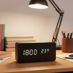 LED Alarm Clock Voice Control Adjustable Brightness Wood Effect