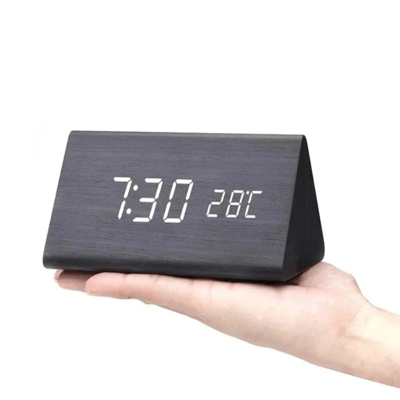 LED Alarm Clock Voice Control Adjustable Brightness Wood Effect