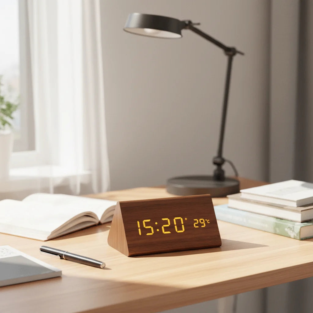LED Alarm Clock Voice Control Adjustable Brightness Wood Effect