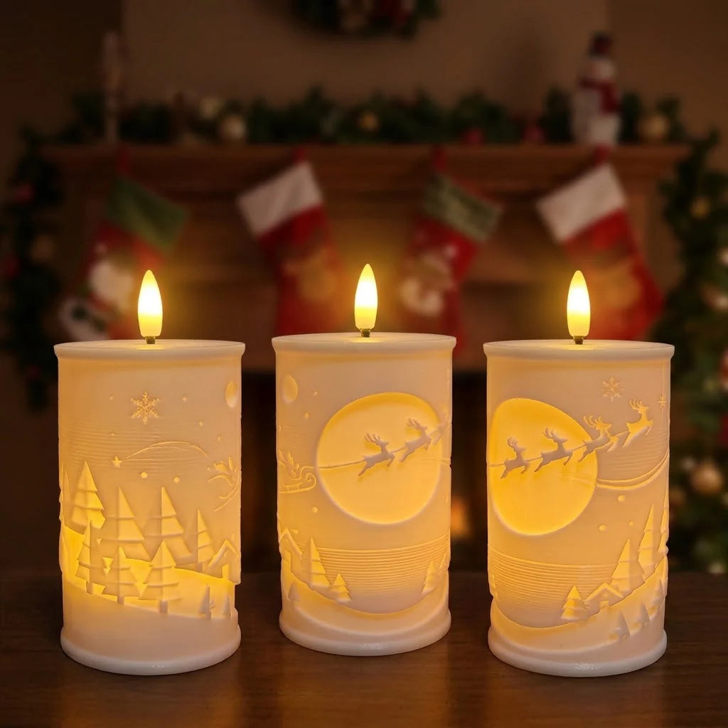 LED Candle Battery-Operated Timer Fir Tree & Snowflake Relief
