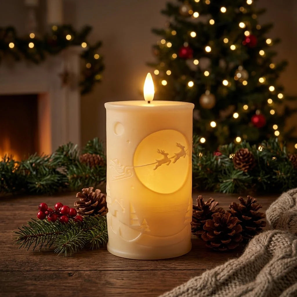 LED Candle Battery-Operated Timer Fir Tree & Snowflake Relief