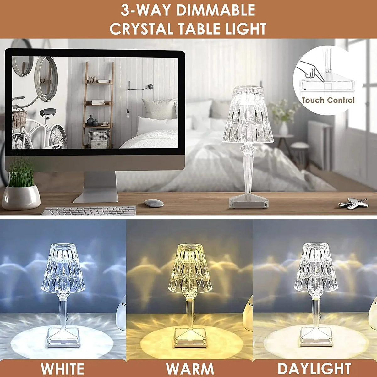 LED Table Lamp Crystal-Cut Diffuser USB Rechargeable Touch Control