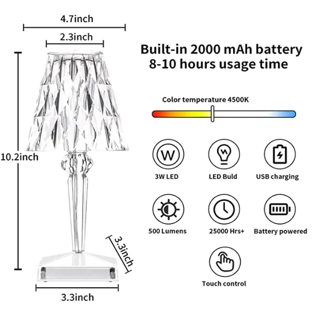 LED Table Lamp Crystal-Cut Diffuser USB Rechargeable Touch Control