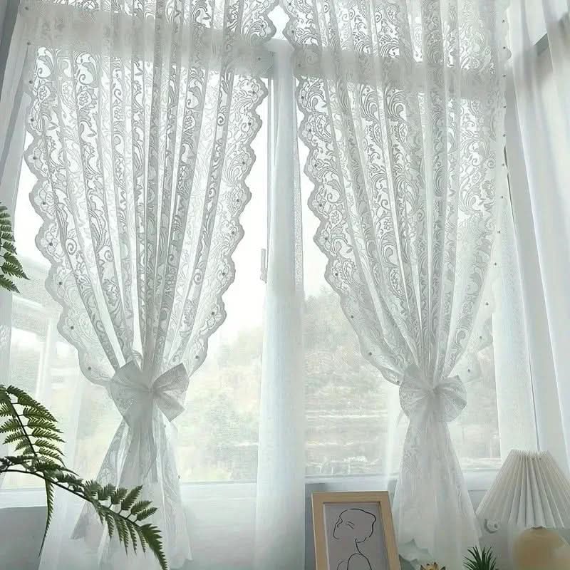 Lace Curtain Panel Sheer Pearl-Embellished Phoenix Tail
