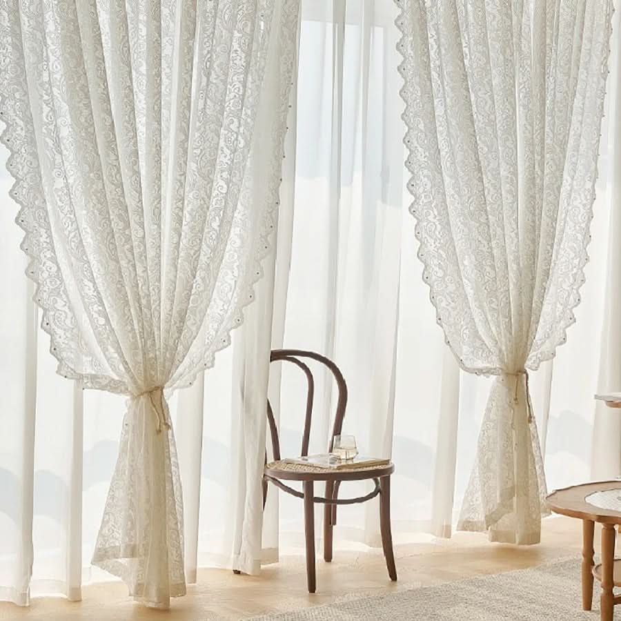 Lace Curtain Panel Sheer Pearl-Embellished Phoenix Tail