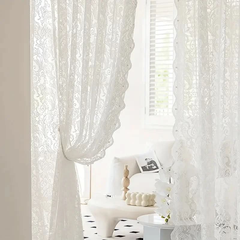 Lace Curtain Panel Sheer Pearl-Embellished Phoenix Tail