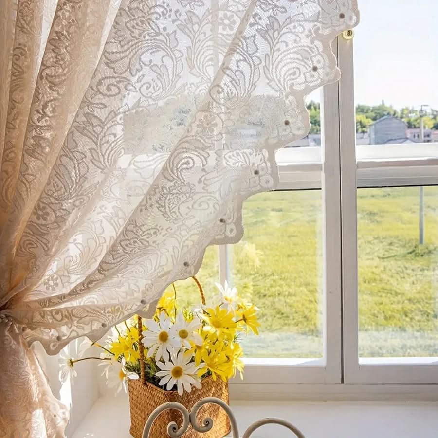 Lace Curtain Panel Sheer Pearl-Embellished Phoenix Tail