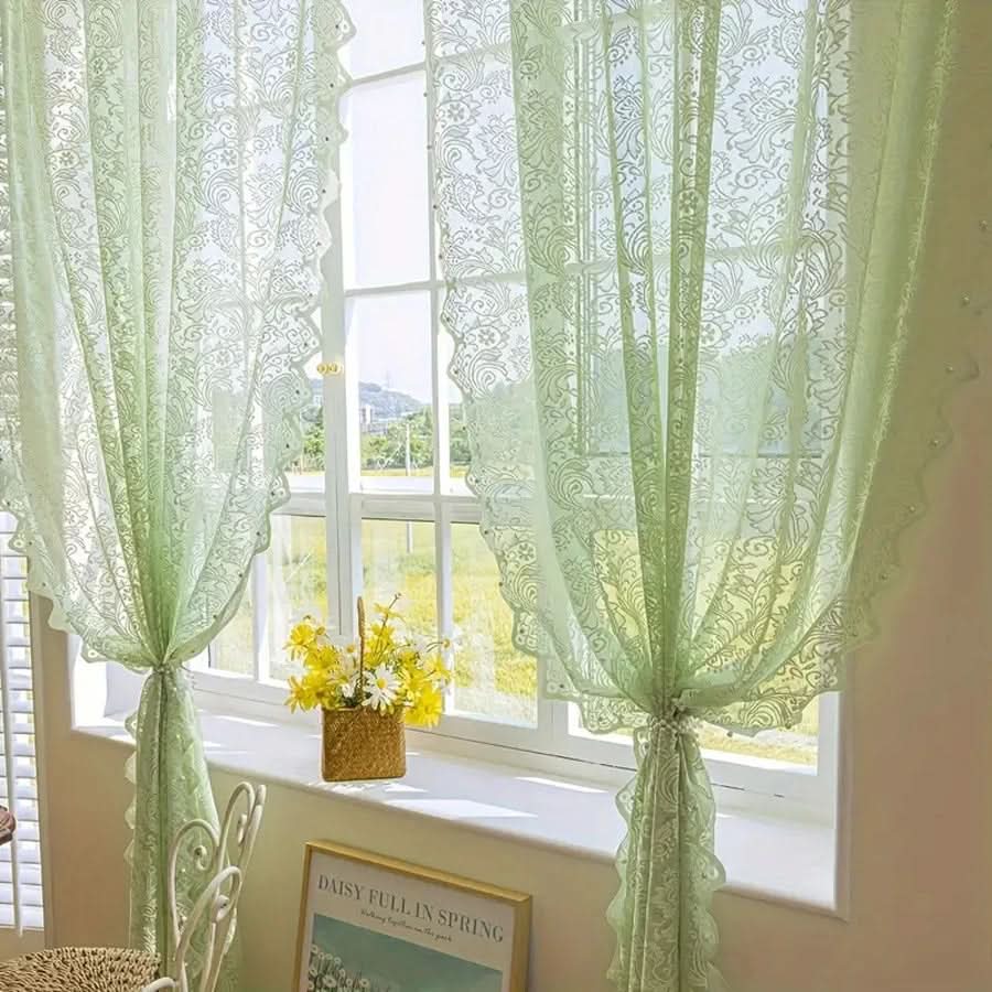 Lace Curtain Panel Sheer Pearl-Embellished Phoenix Tail