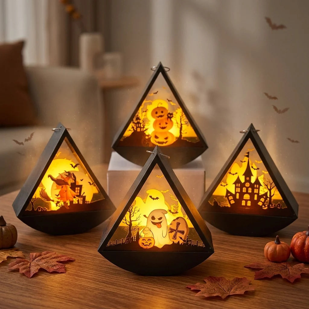 Lantern Illuminated Witch Scene Glass & Metal