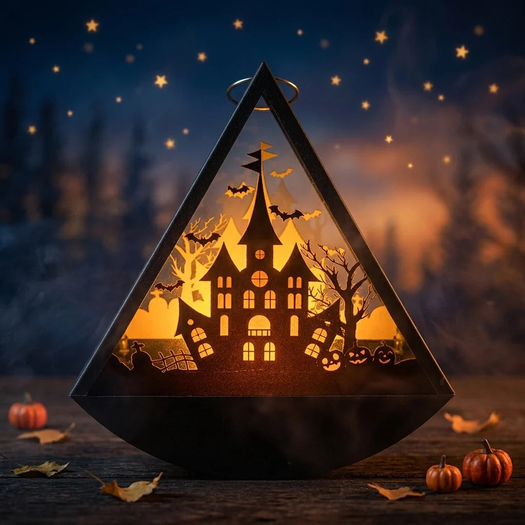 Lantern Illuminated Witch Scene Glass & Metal