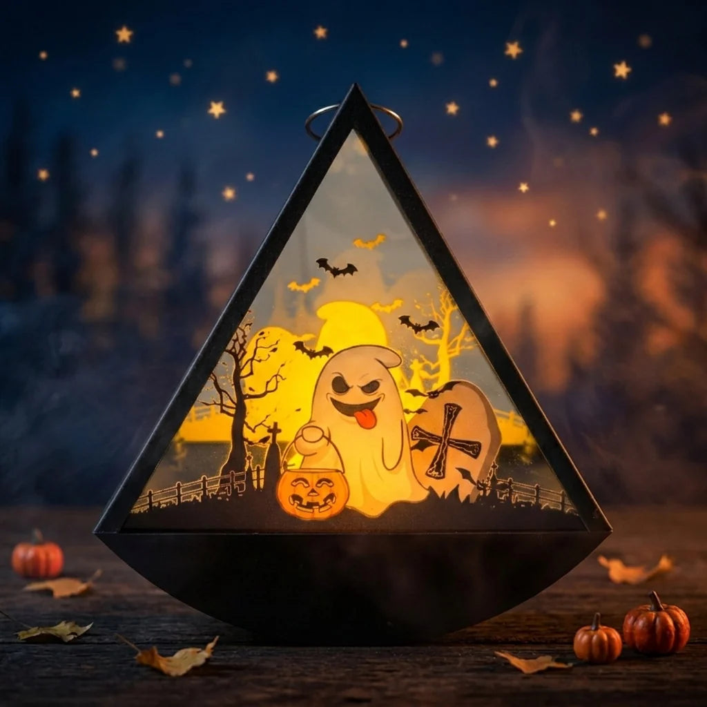 Lantern Illuminated Witch Scene Glass & Metal