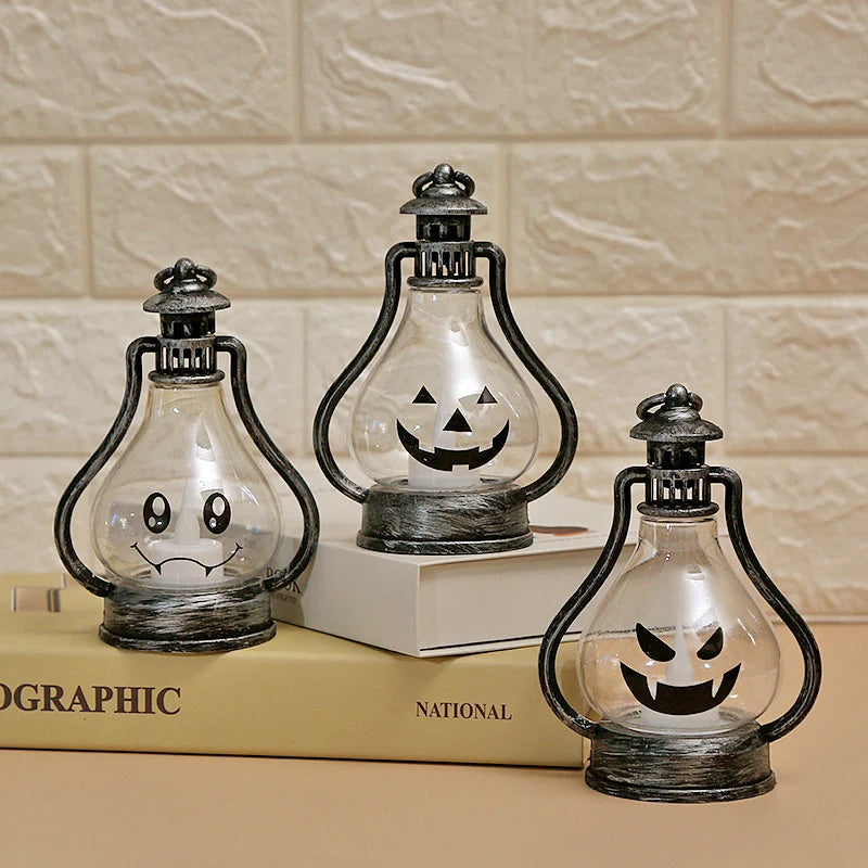 Lantern Pumpkin Face Warm Light Glass & Metal