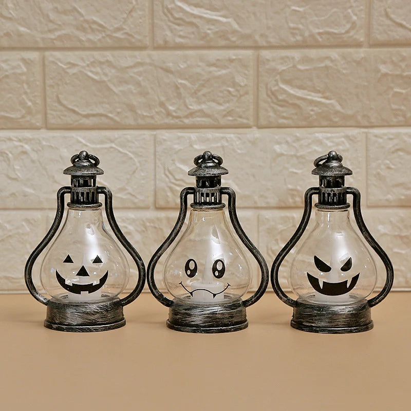 Lantern Pumpkin Face Warm Light Glass & Metal