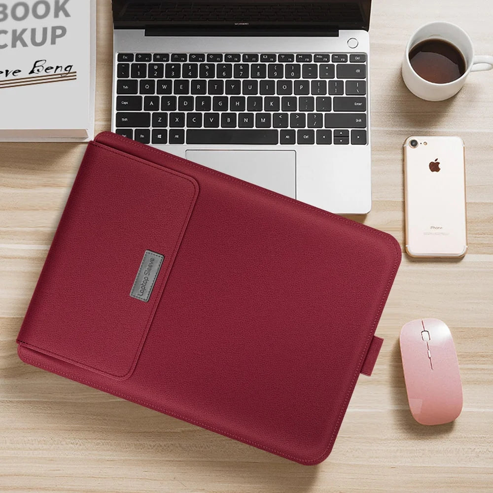 Laptop Sleeve Faux Pebble-Grain Leather Built-In Mouse Pad