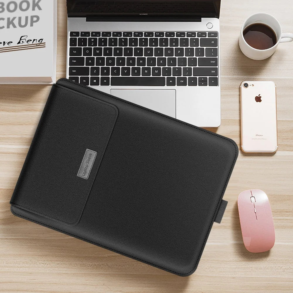 Laptop Sleeve Faux Pebble-Grain Leather Built-In Mouse Pad