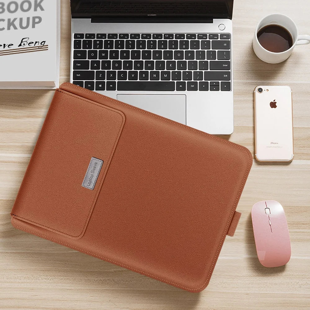 Laptop Sleeve Faux Pebble-Grain Leather Built-In Mouse Pad